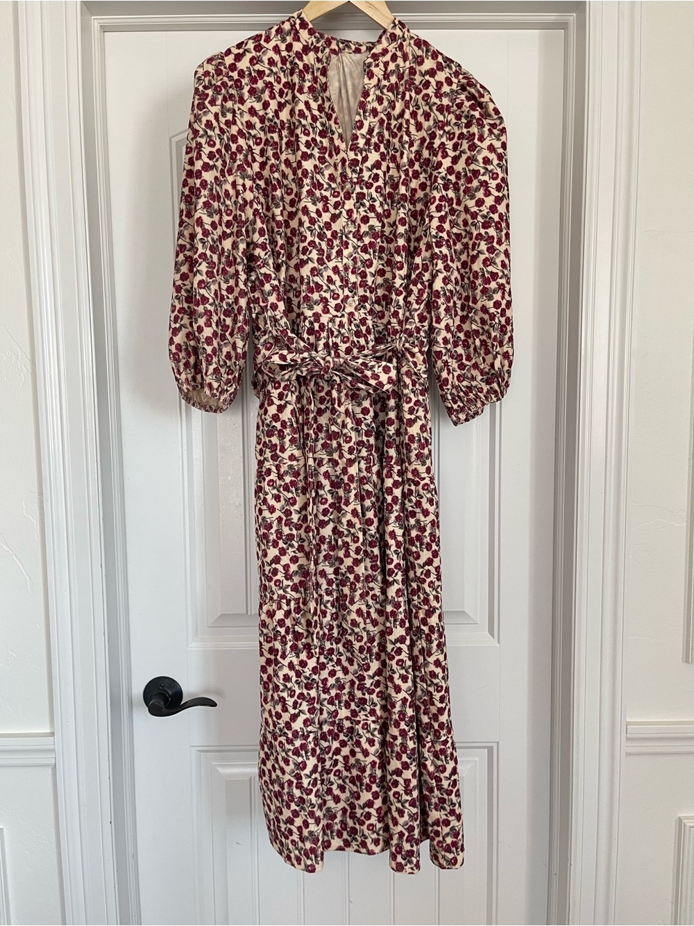 Floral Cream Midi Dress with Burgundy Print and Waist Tie